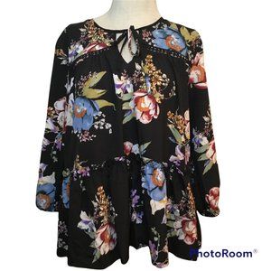 Cute Floral Baby Doll Blouse Crew Neck Keyhole Tie Closure Ladies Size Large